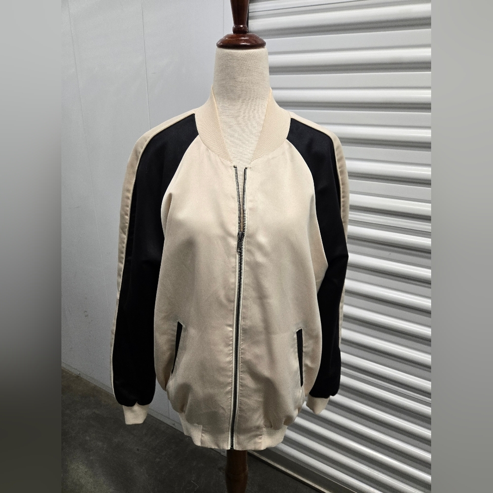 Jackson Colorblock Bomber Jacket – Size Small – Cream & Black Satin Zip-Up